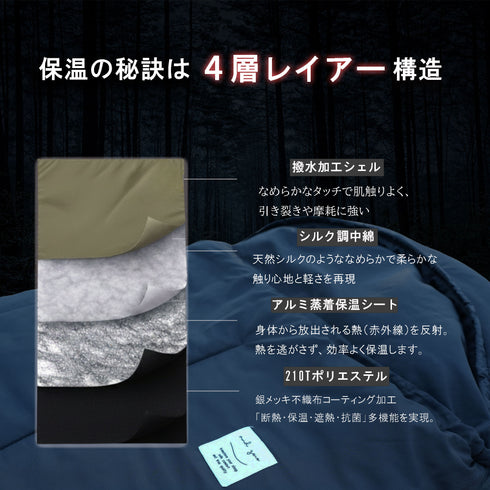 【andzero スリーピングバック】寝袋 シュラフ 封筒型 幅75㎝長さ220㎝(フード30㎝)2.3キロ 連結可能