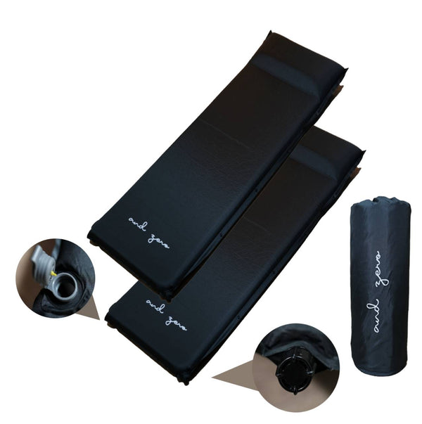 andzero 軽バン車中泊マット キャンプマット エアーマット 枕付き 自動膨張 連結可能 インフレーターマット 厚手6㎝枕9㎝ 収納袋付き 防災 ブラック 2枚セット