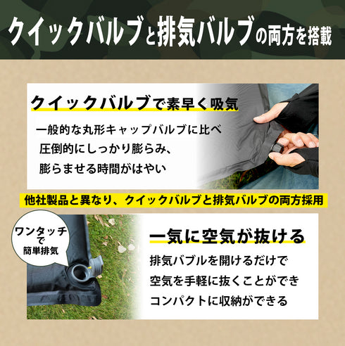 andzero 軽バン車中泊マット キャンプマット エアーマット 枕付き 自動膨張 連結可能 インフレーターマット 厚手6㎝枕9㎝ 収納袋付き 防災 ブラック